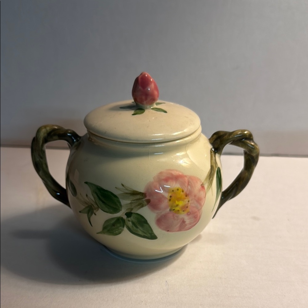 Desert Rose Ceramic Sugar Bowl with Floral Design and Handles and Lid